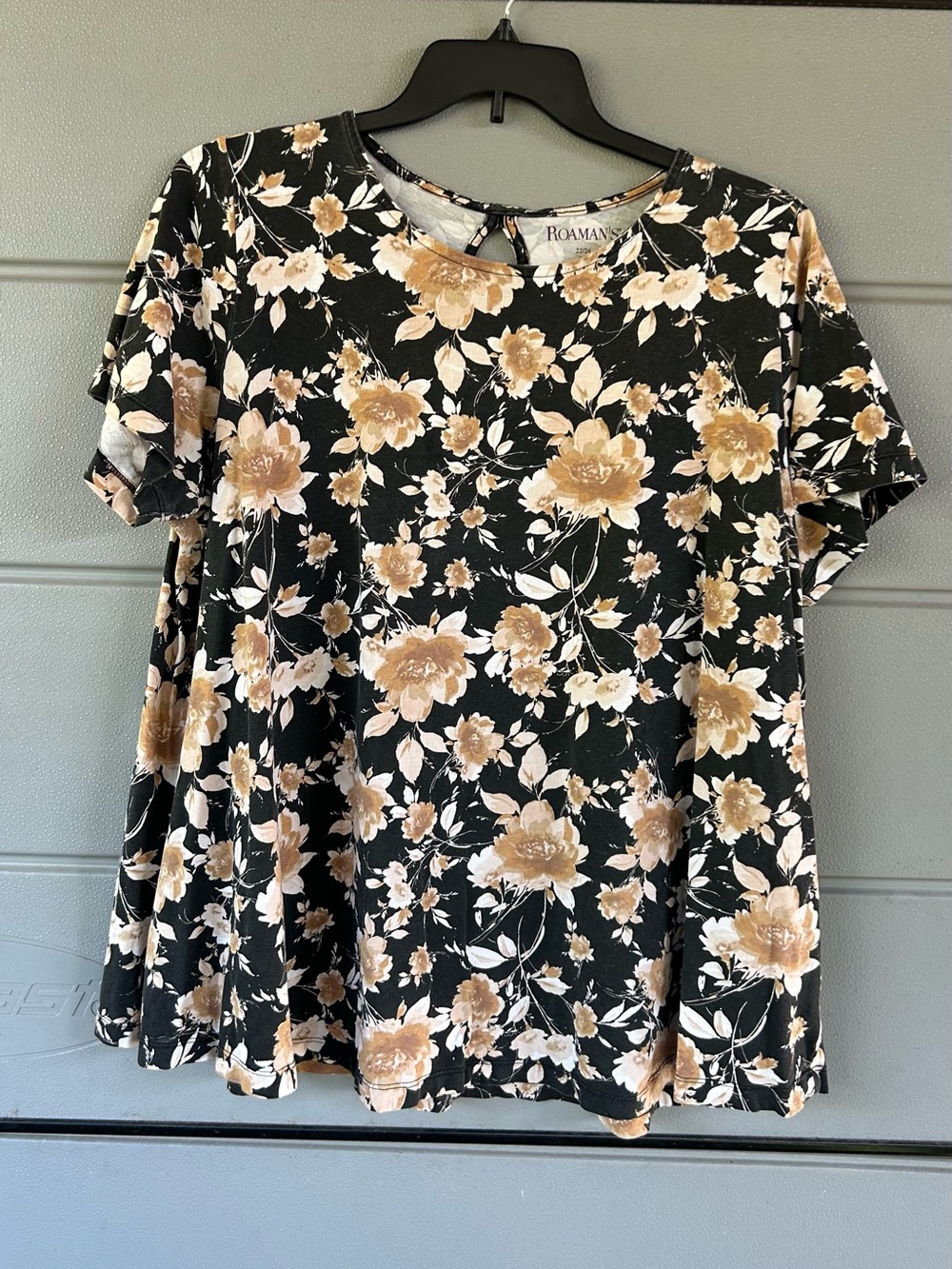 Roaman's Black Tunic with Taupe Floral Print